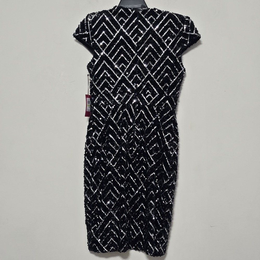 Vince Camuto Women Dress 4 Black Mini Capped Sleeve Deep Vneck Sheath Sequin 748 - Picture 11 of 15